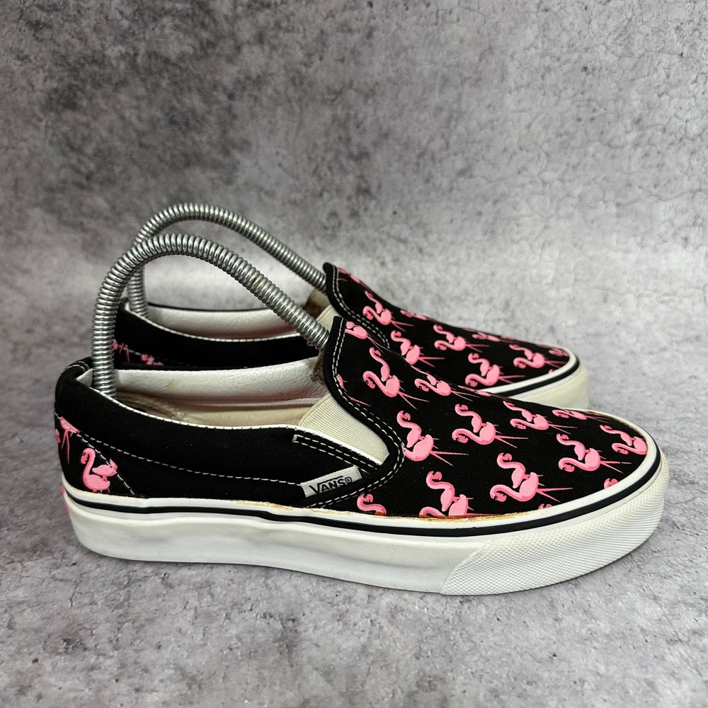 Vans Classic Slip-On Women's 7.5 Black Pink Flamingo Print Canvas Sneakers Low